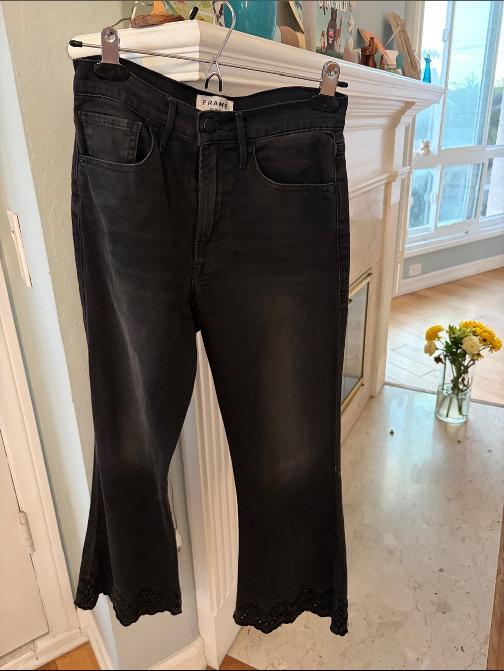 Frame Denim Black Bootcut Jeans with Scalloped Lace Hem -Women